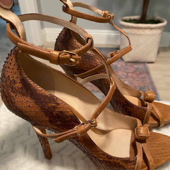 L.A.M.B -Felix, Multi Brown Snakeskin Leather Peep Toe Stiletto Sandal size 9.5M - Picture 2 of 12